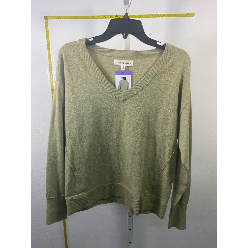 Lucky Brand Womens V-Neck Sweater Sage Green Heathered Knit Pullover XS New